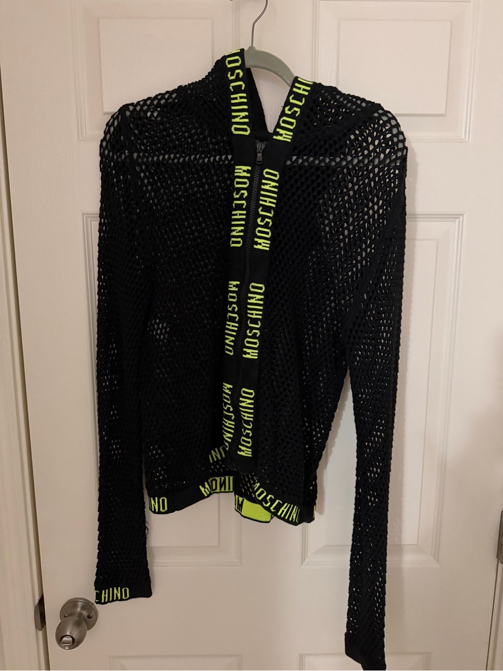 Moschino Black Open-Knit Mesh Top with Logo Tag